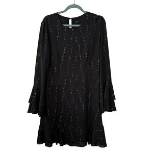 Who What Wear Jet Black Rain Dot Tiered Bell Sleeve Ruffle Hem Dress L BNWT